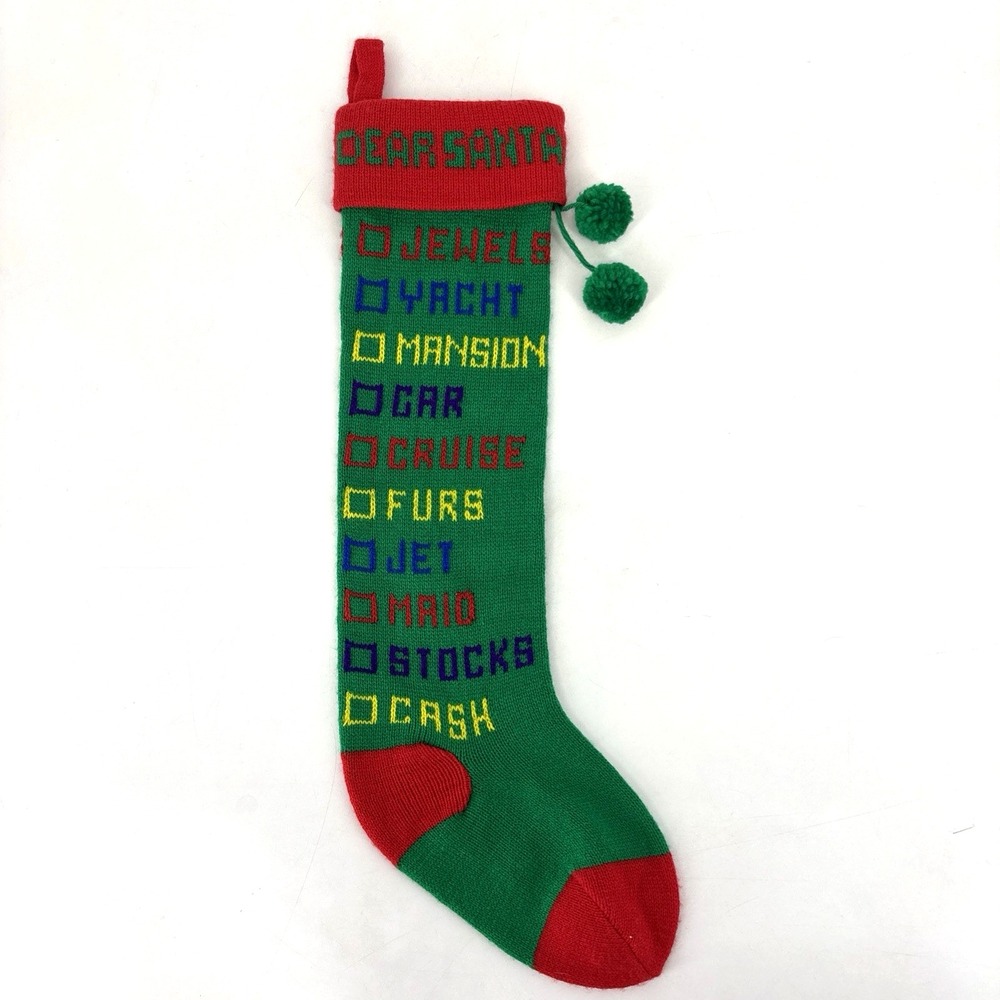 Dept 56 Dear Santa Checklist Knit Christmas Stocking 21" Green Vintage 1985 EUC‎